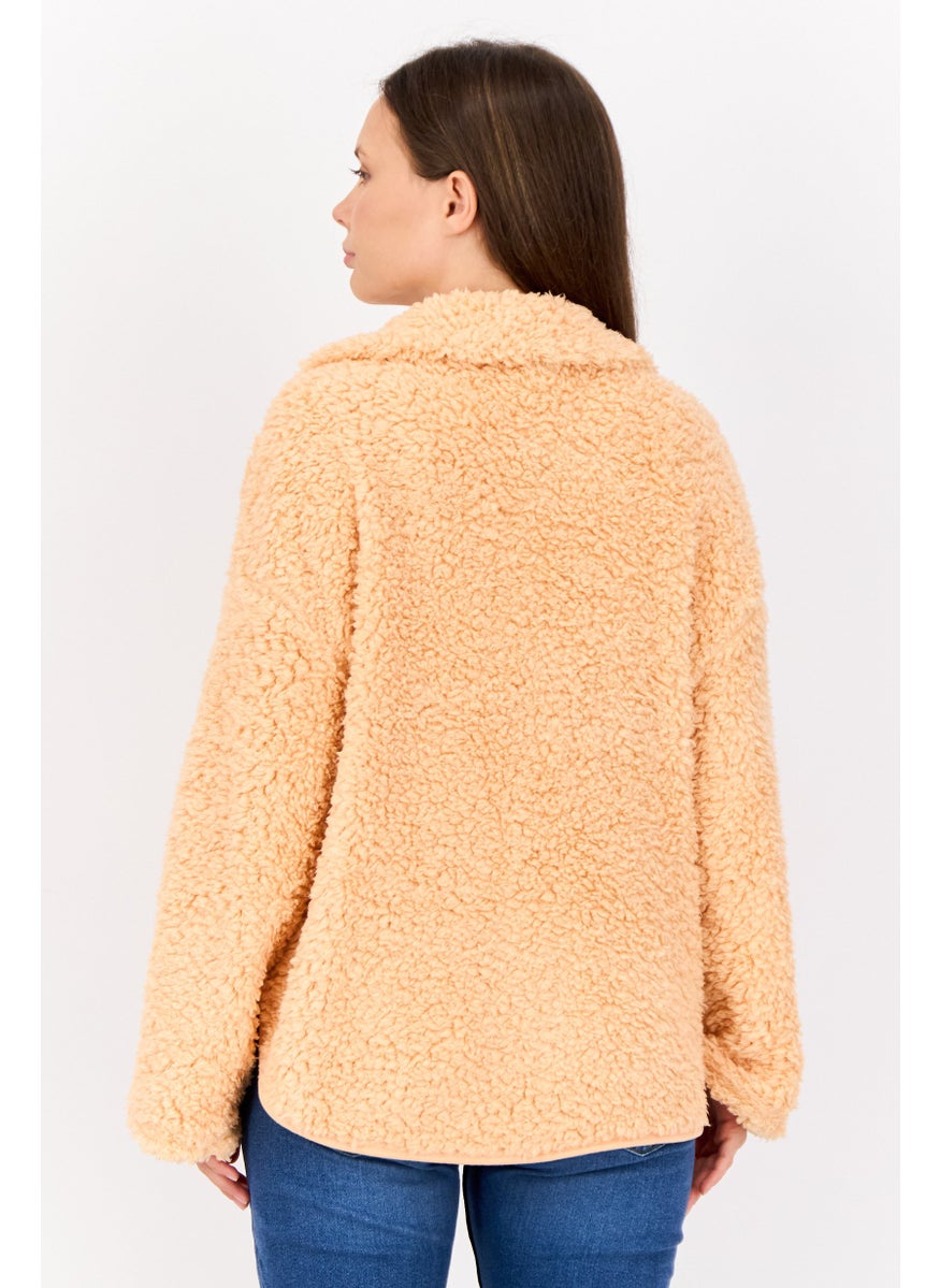 MONKI Women Faux Fur Sherpa Jacket, Orange  - Image 3