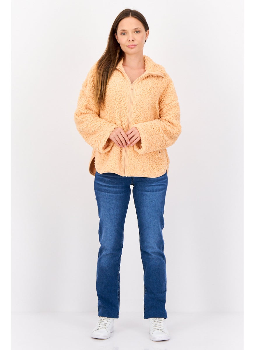 MONKI Women Faux Fur Sherpa Jacket, Orange  - Image 4