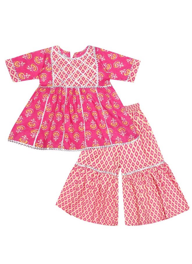 Superminis - superminis Baby Girls Cotton Sanganeri Printed Frock Style Kurti with Printed Sharara Dress (5-6 Years, Light Pink) - Image 1