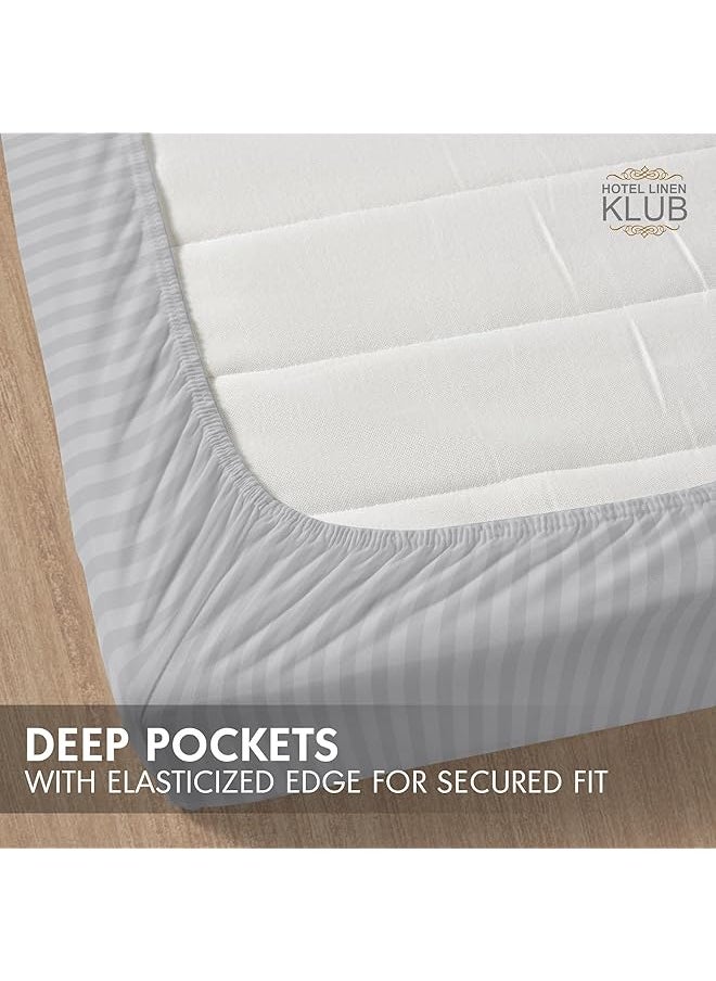 Hotel Linen Klub - Striped Microfiber Fitted Sheet Size: Super King 200 X 200 Cm Ultrasoft Plush Fabric Premium Durable Quality And Deep Pockets For A Perfect Fit Light Gray - Image 1