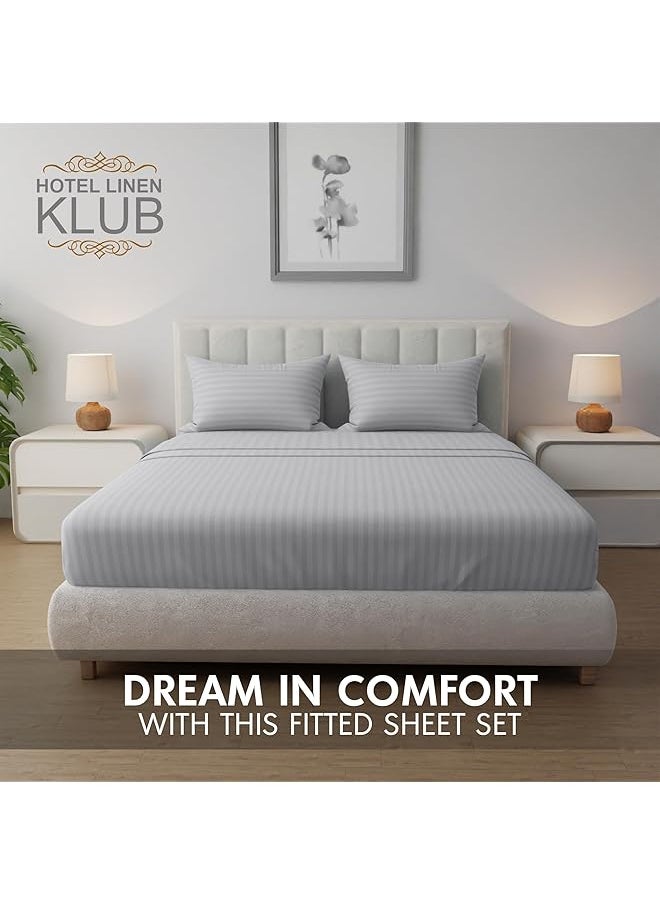 Hotel Linen Klub - Striped Microfiber Fitted Sheet Size: Super King 200 X 200 Cm Ultrasoft Plush Fabric Premium Durable Quality And Deep Pockets For A Perfect Fit Light Gray - Image 1