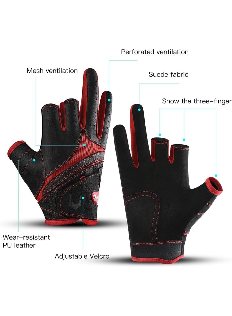 SYOSI Fishing Gloves, Anti-Slip Suede Fabric Kayak Gloves for Men and Women, Outdoor Sports Glove for Kayak, Boating, Angling, Paddle, UV Protection, 3-Cut Finger Design (Black and Red) - Image 5