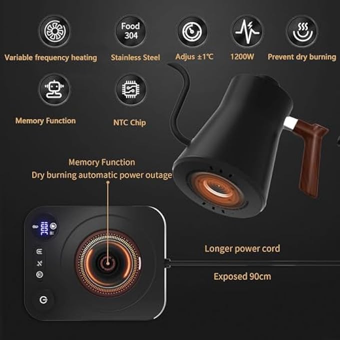AoMige Electric Gooseneck Kettle304 Stainless Steel Coffee Kettle With Temperature Control PresetsQuick Heating  Automatic Shut Off Electric Tea Pot For Pour Over CoffeeBrew TeaBoil Hot Water09L - Image 5