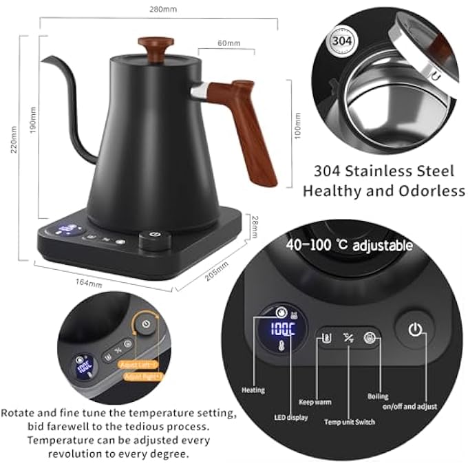 AoMige Electric Gooseneck Kettle304 Stainless Steel Coffee Kettle With Temperature Control PresetsQuick Heating  Automatic Shut Off Electric Tea Pot For Pour Over CoffeeBrew TeaBoil Hot Water09L - Image 3