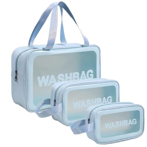 LandVK Cosmetic Makeup Organizer Pouch Bag for Women, Wash Bag for Travel, Toilery Organizer Kit, 3 Pcs Wash Bag Set, Blue - Image 1