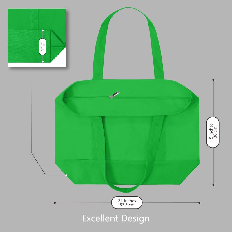 TOPDesign 1-Pack Canvas Tote Bag with an External Pocket  Reusable Grocery Shopping Bag  Top Zipper Closure  Daily Essentials (Lime Green) - Image 5