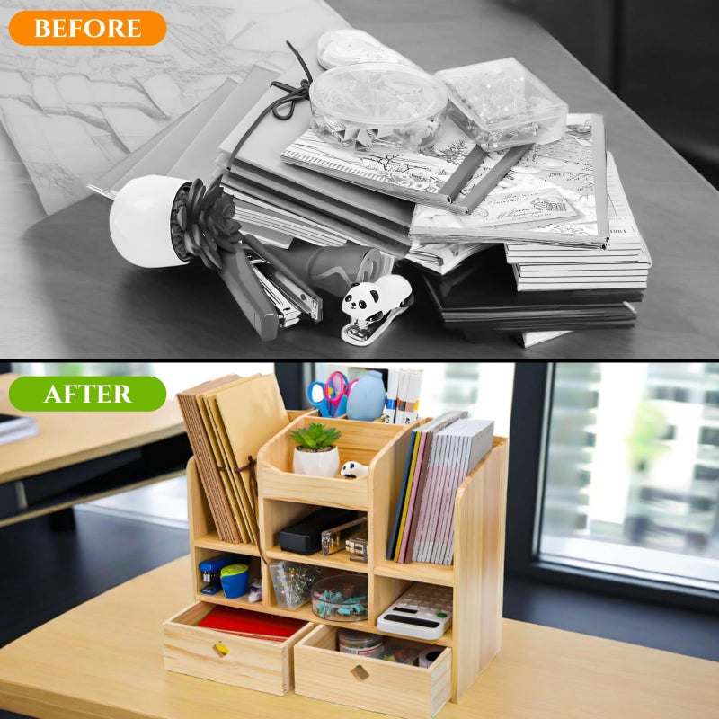 Acshio Wooden Desk Organizer with Drawers, Large Countertop Office Supplies Accessories Organization with 10 Compartments, Multifunctional Storage Box Makeup Storage Shelf Rack for Home, Office - Image 4
