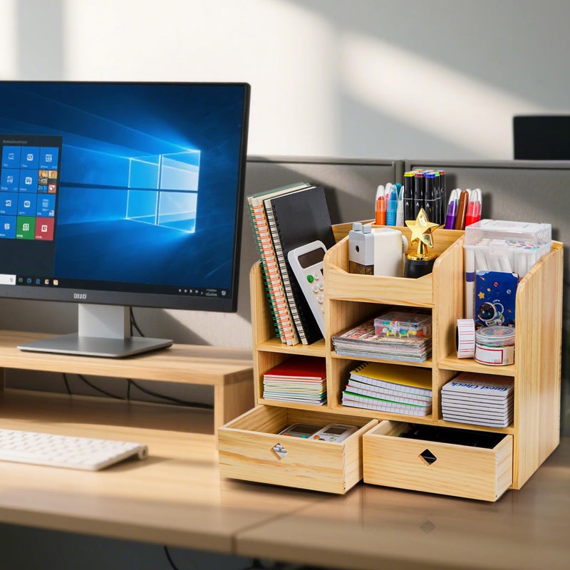 Acshio Wooden Desk Organizer with Drawers, Large Countertop Office Supplies Accessories Organization with 10 Compartments, Multifunctional Storage Box Makeup Storage Shelf Rack for Home, Office - Image 5