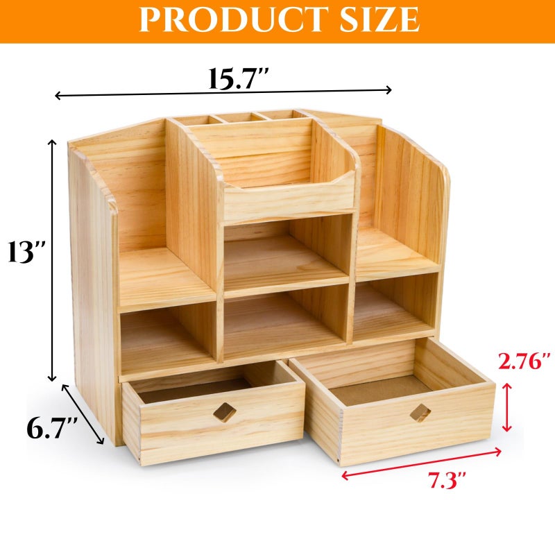 Acshio Wooden Desk Organizer with Drawers, Large Countertop Office Supplies Accessories Organization with 10 Compartments, Multifunctional Storage Box Makeup Storage Shelf Rack for Home, Office - Image 2