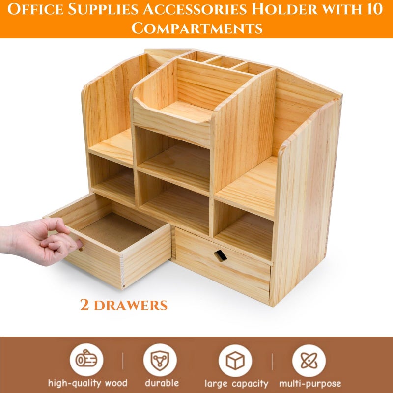 Acshio Wooden Desk Organizer with Drawers, Large Countertop Office Supplies Accessories Organization with 10 Compartments, Multifunctional Storage Box Makeup Storage Shelf Rack for Home, Office - Image 3