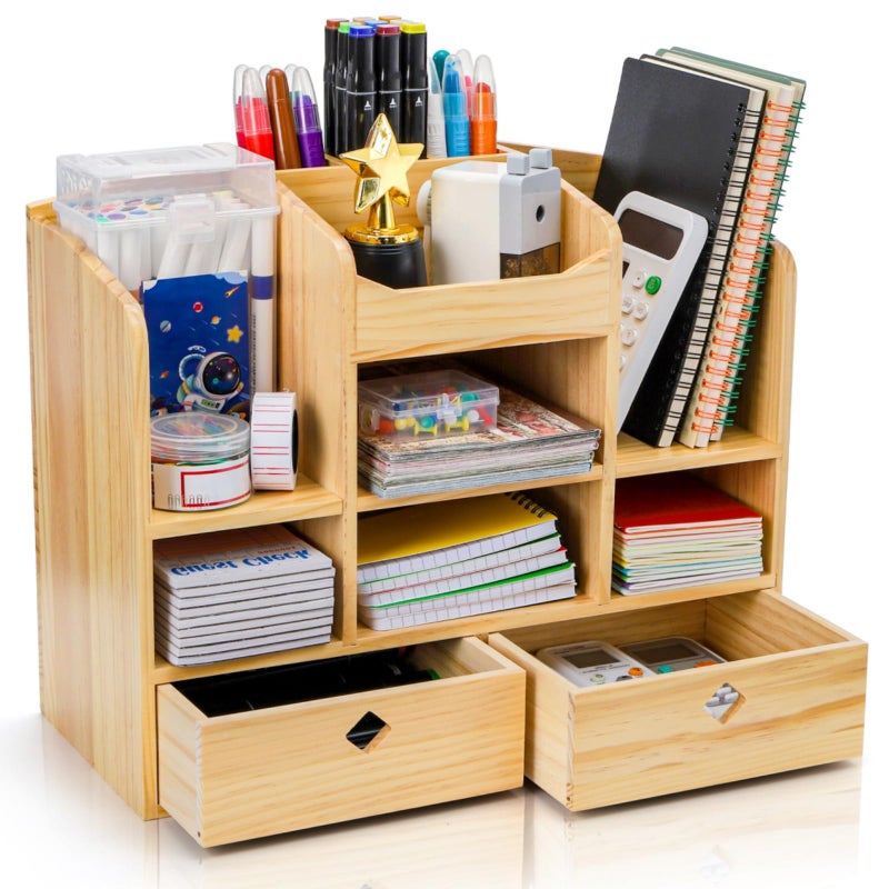 Acshio Wooden Desk Organizer with Drawers, Large Countertop Office Supplies Accessories Organization with 10 Compartments, Multifunctional Storage Box Makeup Storage Shelf Rack for Home, Office - Image 1