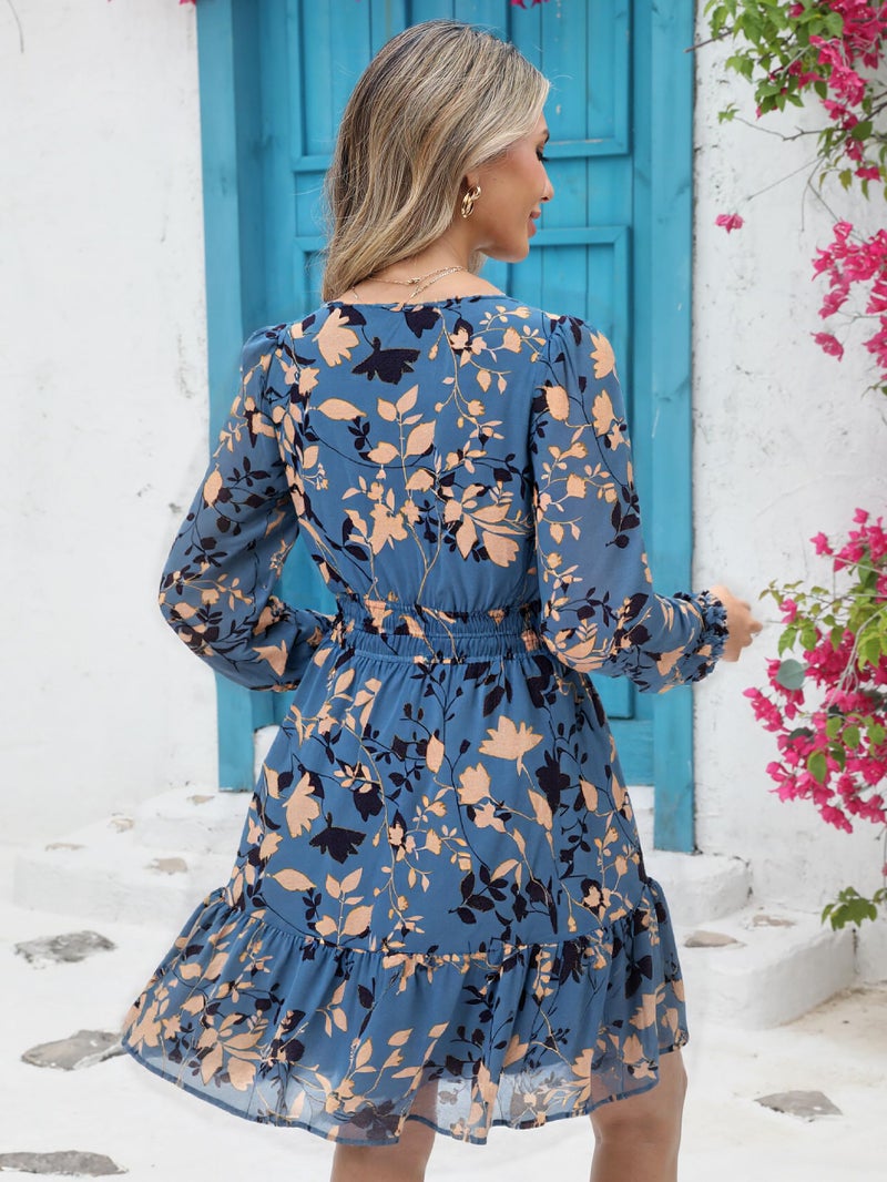 Simplee Womens Fall Floral Mini Dress Boho Empire Waist Swing Flowy Formal Dress Vacation Clothes Spring Summer Dressï¼ˆDusty Blue Leaf Mï¼‰ - Image 5