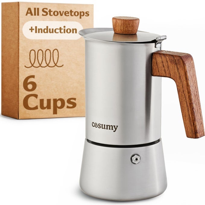 ESPRESSO MAKER INDUCTION STAINLESS STEEL MOKA POT 6 CUPS COFFEE MAKER SUITABLE FOR ALL HOBS FSC OAK WOOD