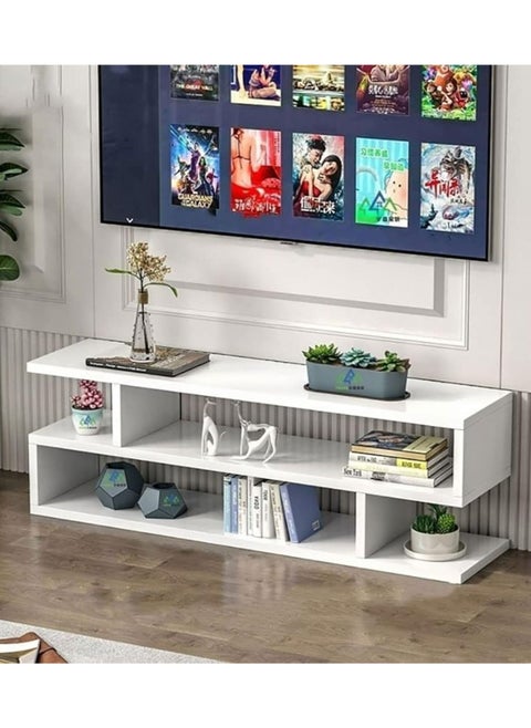 Engineered Wood S-Shape TV Entertainment Unit Freestanding Large Set Top Box Stand for Living Room Display Storage Cabinet Rack with Decor Shelf