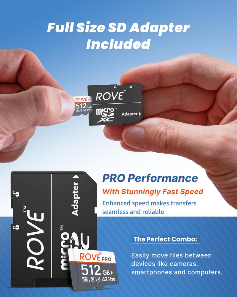 ROVE PRO Micro SD Card microSDXC 512GB Memory Card with Full-Size SD Adapter 100MB/s Read Speed, C10, U3, V30, 4K, A2 for Dash Cam, Android Smart Phones, Tablets, Games - Image 3