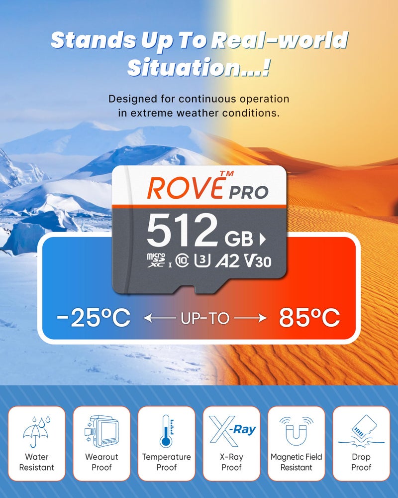 ROVE PRO Micro SD Card microSDXC 512GB Memory Card with Full-Size SD Adapter 100MB/s Read Speed, C10, U3, V30, 4K, A2 for Dash Cam, Android Smart Phones, Tablets, Games - Image 4