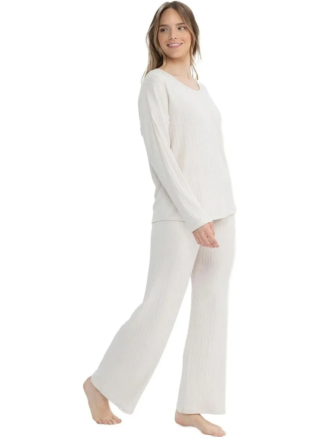 يو اس بولو اسن 17090 Women's V-Neck Long Sleeve Wide Leg Casual Home Wear-Beige