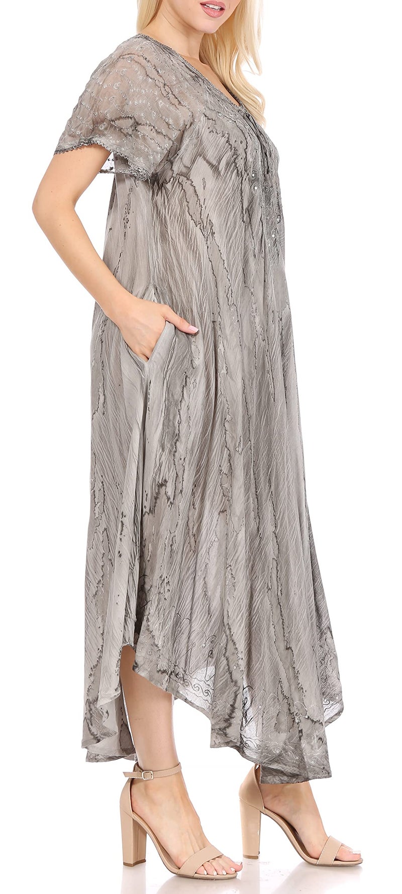 Sakkas 17604 - Myani Two Tone Embroidered Sheer Cap Sleeve Caftan Long Dress | Cover Up - Grey - OS - Image 4