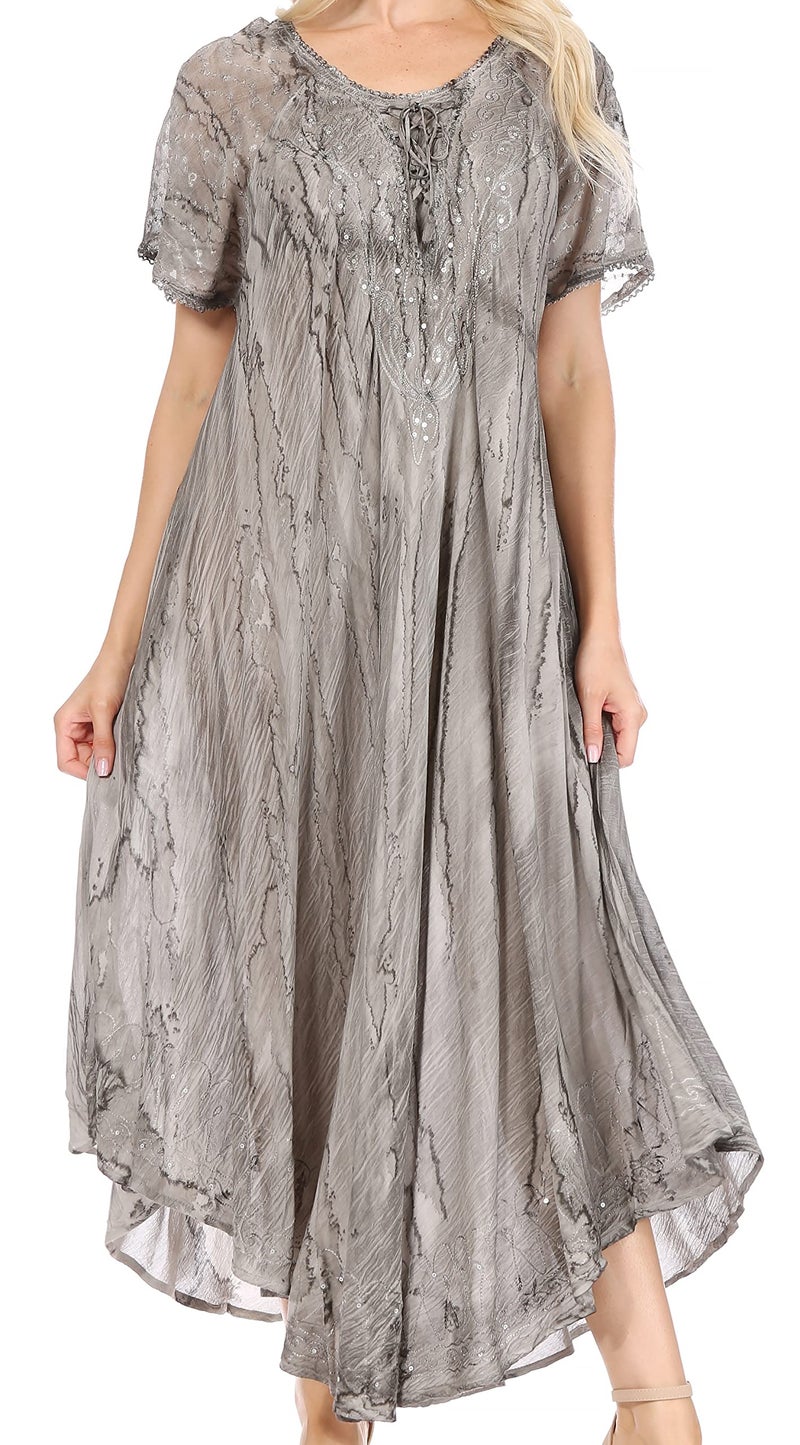 Sakkas 17604 - Myani Two Tone Embroidered Sheer Cap Sleeve Caftan Long Dress | Cover Up - Grey - OS - Image 1