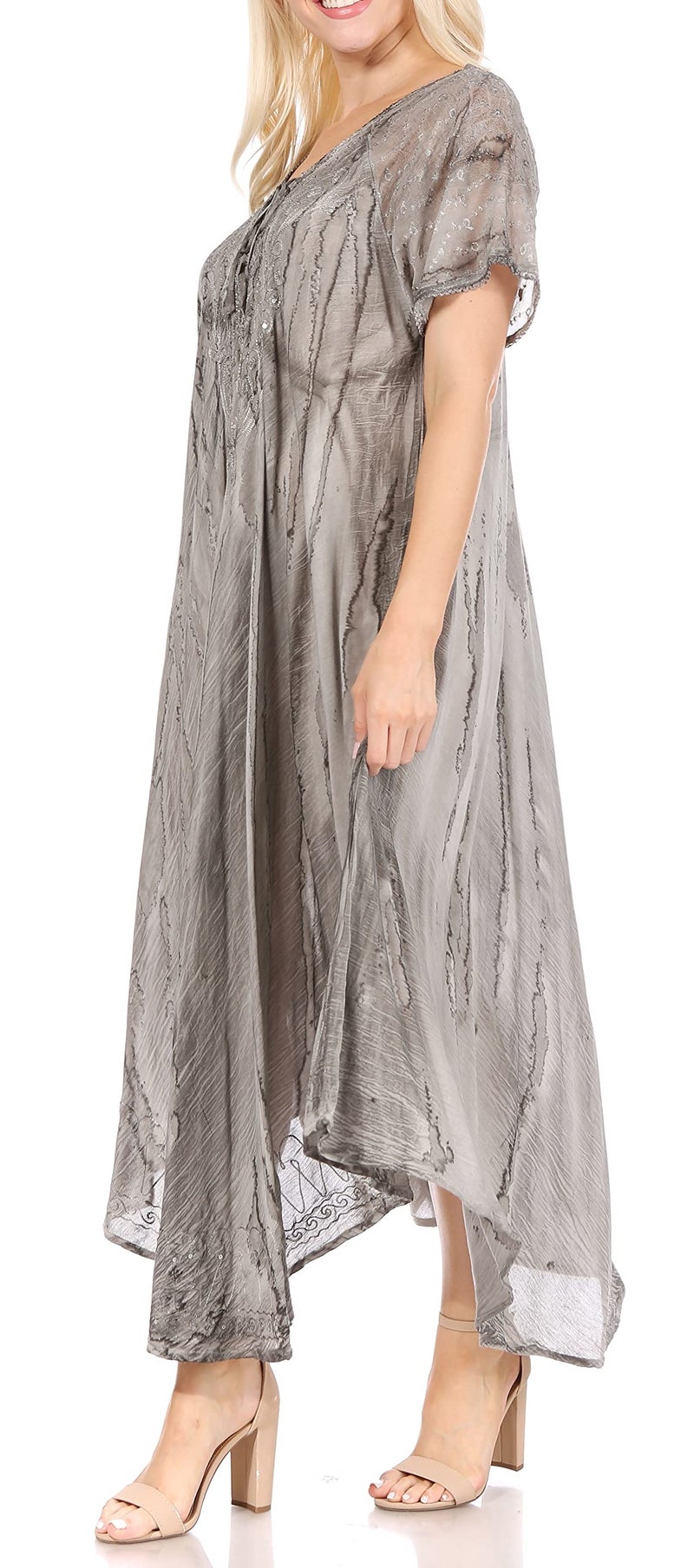 Sakkas 17604 - Myani Two Tone Embroidered Sheer Cap Sleeve Caftan Long Dress | Cover Up - Grey - OS - Image 3