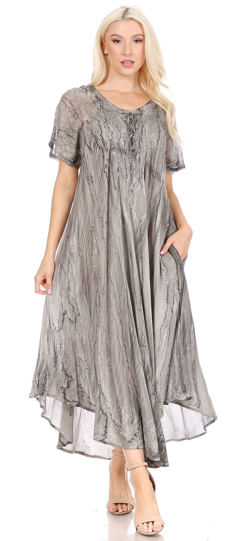Sakkas 17604 - Myani Two Tone Embroidered Sheer Cap Sleeve Caftan Long Dress | Cover Up - Grey - OS - Image 5