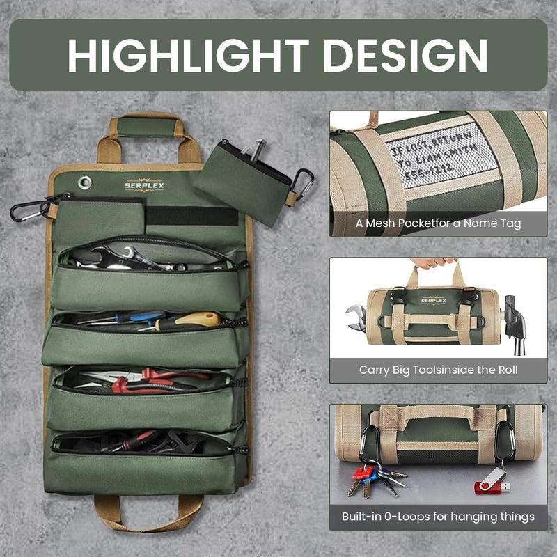 Serplex Multi Compartment RollUp Tool Bag Heavy Duty 900D Oxford Organizer with Detachable Pouches Quick Release Closure Portable Storage for Repairs Construction Outdoor Projects No Tools - Image 4