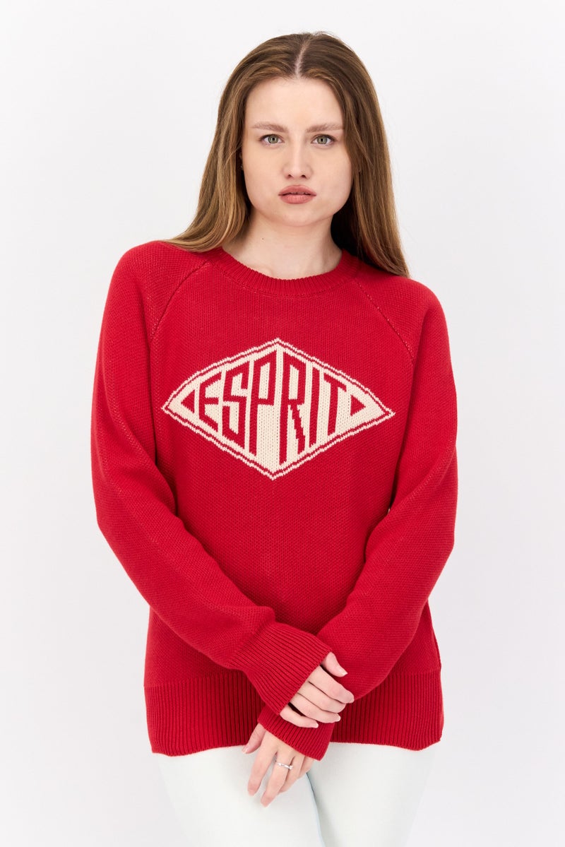 ESPRIT سويت شيرت نسائي بياقة دائرية محبوكة، أحمر - Image 1