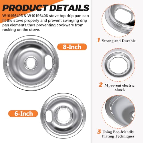 Beaquicy W10278125 W10196405 and W10196406 Chrome Drip Pan- Replacement for Ken-more and Whirlpool Range - 4 Pack - Includes 2 8-Inch and 2 6-Inch Drip Bowl Pans - Image 2