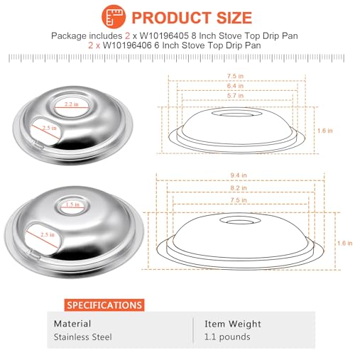 Beaquicy W10278125 W10196405 and W10196406 Chrome Drip Pan- Replacement for Ken-more and Whirlpool Range - 4 Pack - Includes 2 8-Inch and 2 6-Inch Drip Bowl Pans - Image 5