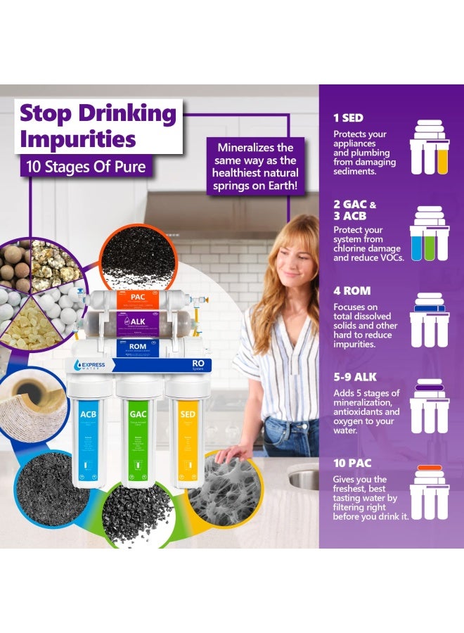 Express Water نظام تنقية المياه العكسية القلوية من إكسبريس ووتر - 10 مراحل لتنقية المعادن - معادن pH - مضاد للأكسدة - فلتر مياه تحت الحوض مع إعادة التمعدن - 50 جالون في اليوم - Image 3