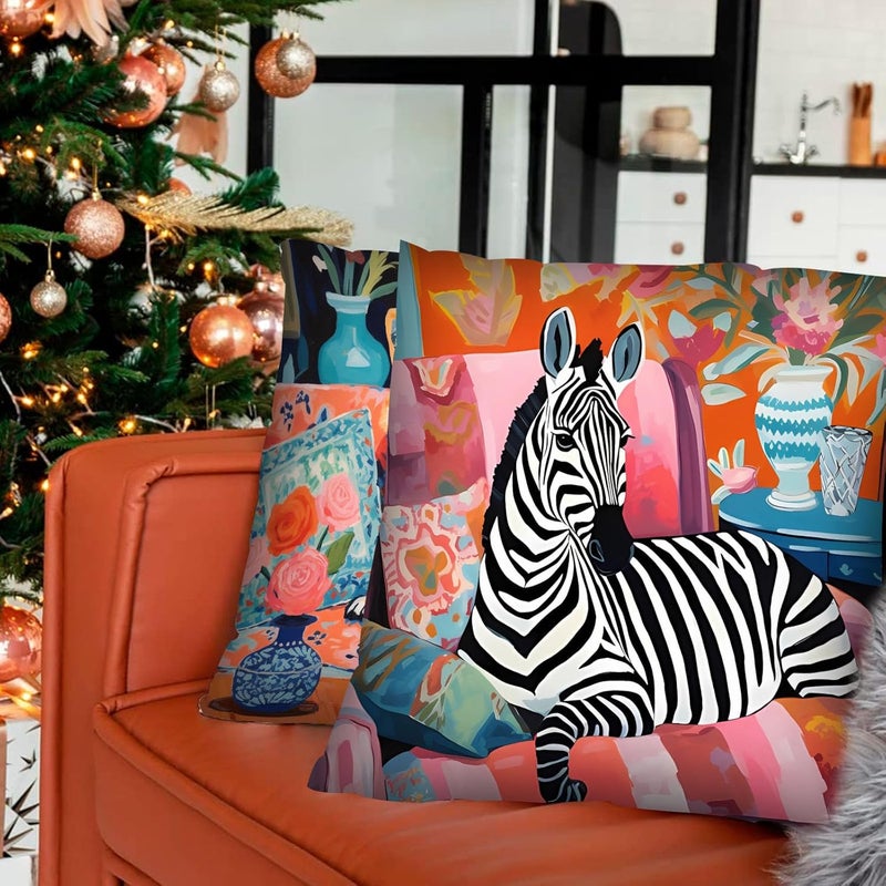 Tucocoo Forest Animal Decor Tiger and Giraffe Throw Pillow Cover Wildlife Zebra Covers 4 Set FoxHomeplants Pillow Cushion Cover for Living Room Couch Sofa Office Boho Flowers Gift18 x18 Inch - Image 3