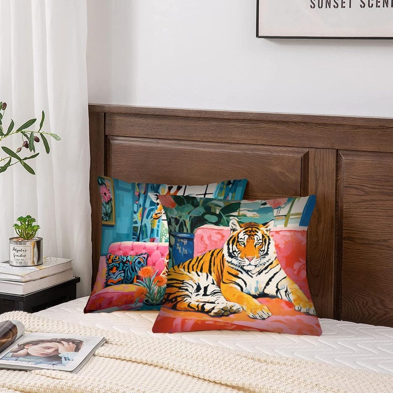 Tucocoo Forest Animal Decor Tiger and Giraffe Throw Pillow Cover Wildlife Zebra Covers 4 Set FoxHomeplants Pillow Cushion Cover for Living Room Couch Sofa Office Boho Flowers Gift18 x18 Inch - Image 2