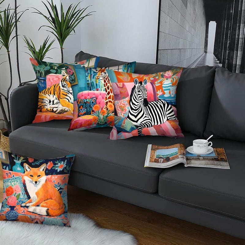 Tucocoo Forest Animal Decor Tiger and Giraffe Throw Pillow Cover Wildlife Zebra Covers 4 Set FoxHomeplants Pillow Cushion Cover for Living Room Couch Sofa Office Boho Flowers Gift18 x18 Inch - Image 4
