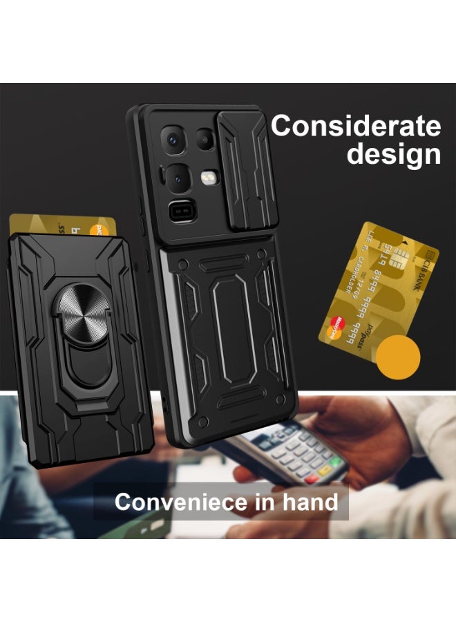 SanHu for Infinix Note 50 X Case, Card Holder & Slide Camera Lens Cover, Magnetic Ring Holder Kickstand Protective Phone Case for Infinix Note 50 X, Black - Image 5