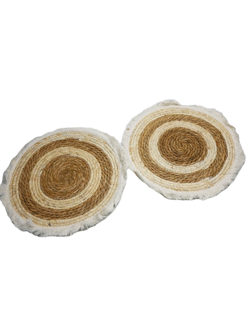Innovity 2 Pieces Round Straw Placemat ,Thickened Heat Insulation Tassel Edge Coaster, Cotton Thread Woven Table Pad, Solid Color Cloth Art Tassel Table Mat, Room Decor, Kitchen Supplies - Image 1