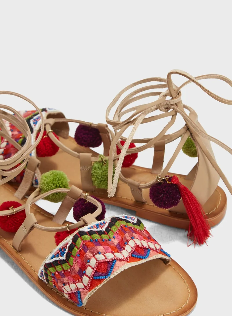 VERO MODA Lia Pom Pom Gladiator Leather  Sandals
