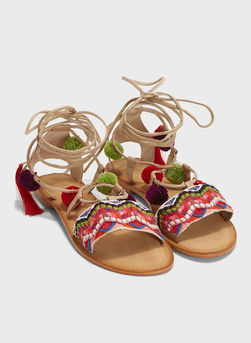 VERO MODA Lia Pom Pom Gladiator Leather  Sandals