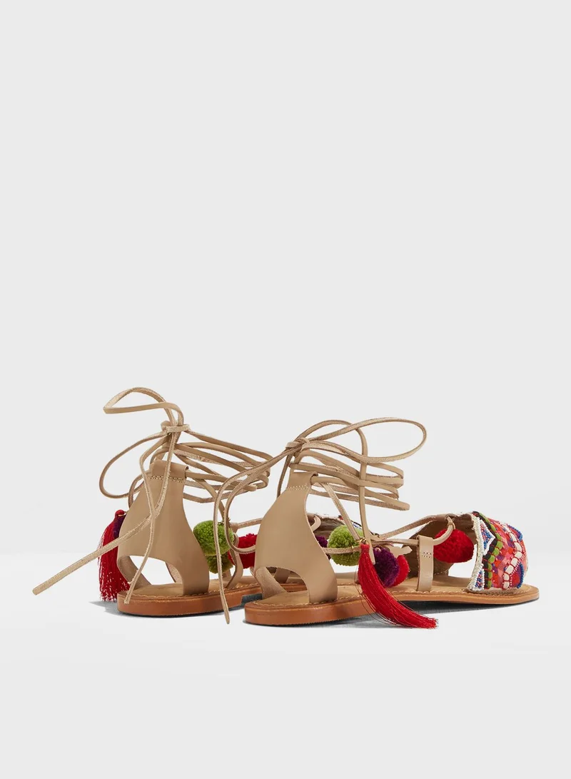 VERO MODA Lia Pom Pom Gladiator Leather  Sandals