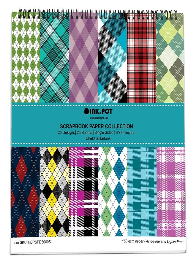 Inkdotpot 25 Check & Tartan Scrapbook Paper Pad 6" x 6", Single-Sided Scrapbook Paper- Colorful Cardstock Paper Scrapbooking DIY Decorative Background Cardmaking Supplies- Journal Craft Paper - Image 1