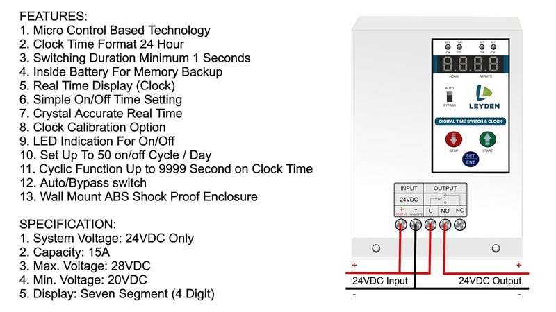 LEYDEN 24 Volt DC 15A TMCLK24VDC NONC 24 Hour Real Clock Timer Switch 50 ONOff Per Day Cyclic Function Up to 9999 Second Programmable Electronic Timer Switch 1 Year Warranty - Image 3