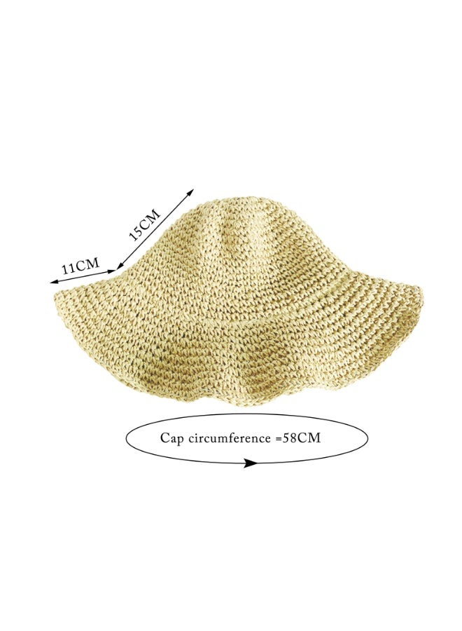قبعة القش المنسوجة يدويا قناع عطلة الشاطئ قبعة الكروشيه قابلة للطي بلون الصلبة قبعة الصيف للفتيات (بيج) - Image 2