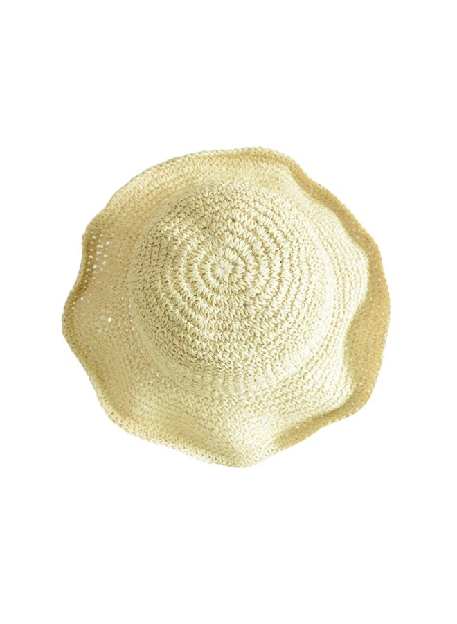 قبعة القش المنسوجة يدويا قناع عطلة الشاطئ قبعة الكروشيه قابلة للطي بلون الصلبة قبعة الصيف للفتيات (بيج) - Image 3