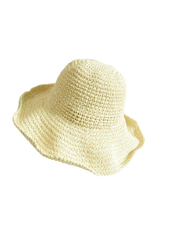 قبعة القش المنسوجة يدويا قناع عطلة الشاطئ قبعة الكروشيه قابلة للطي بلون الصلبة قبعة الصيف للفتيات (بيج) - Image 1