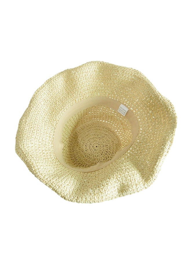 قبعة القش المنسوجة يدويا قناع عطلة الشاطئ قبعة الكروشيه قابلة للطي بلون الصلبة قبعة الصيف للفتيات (بيج) - Image 4