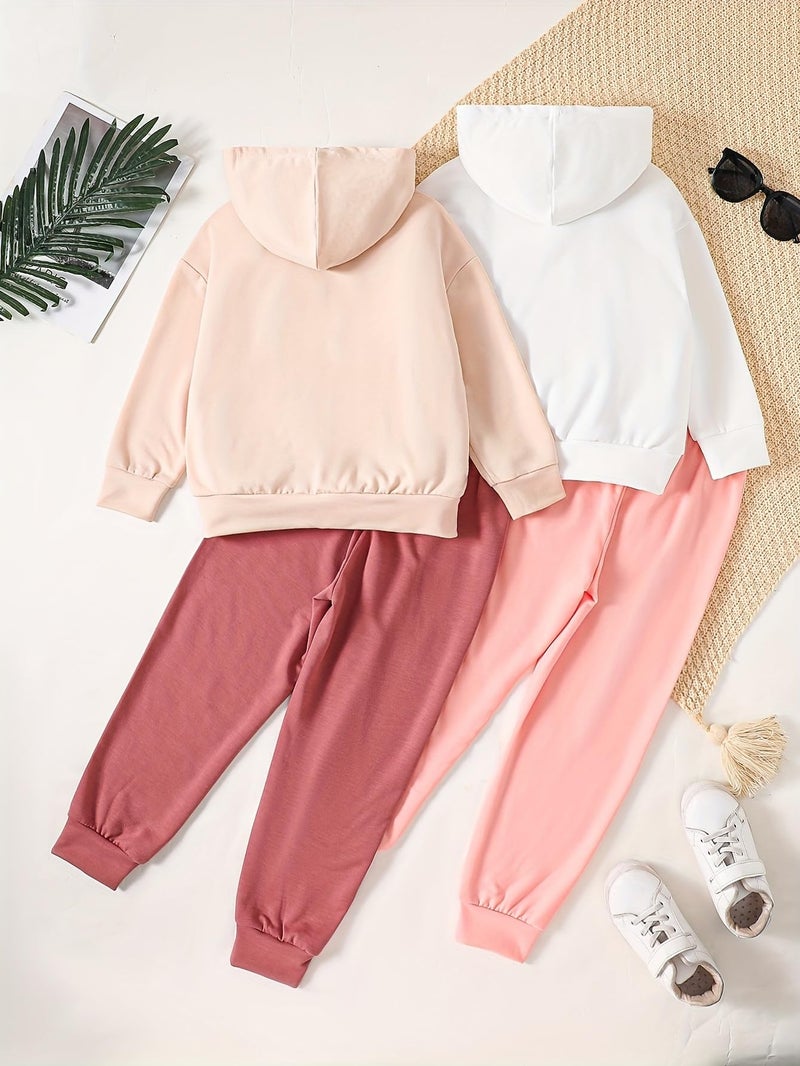 Fdqin Girl's Tracksuit Sets 4 Piece Outfits Cute Hoodie Matching Jogger Sweatpants Clothes Set White/Brick Red/Pink 11-12 Years - Image 2