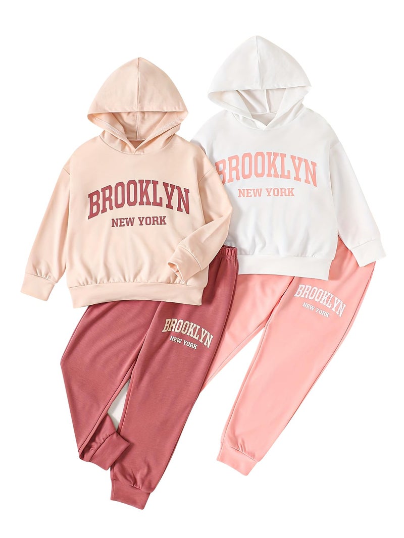 Fdqin Girl's Tracksuit Sets 4 Piece Outfits Cute Hoodie Matching Jogger Sweatpants Clothes Set White/Brick Red/Pink 11-12 Years - Image 1