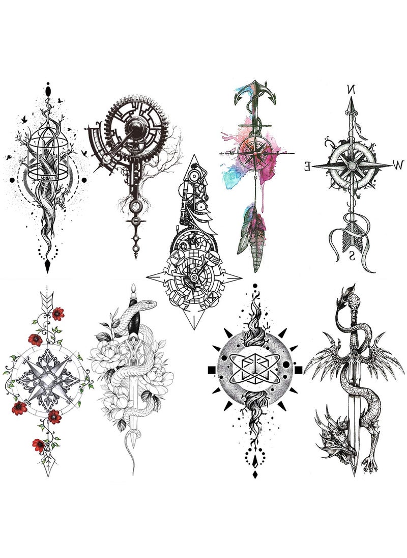 Oottati 8 Sheets Black Arrow Compass Feather Dragon Anchor Sword Snake Tree Flower Temporary Tattoos for Arm 