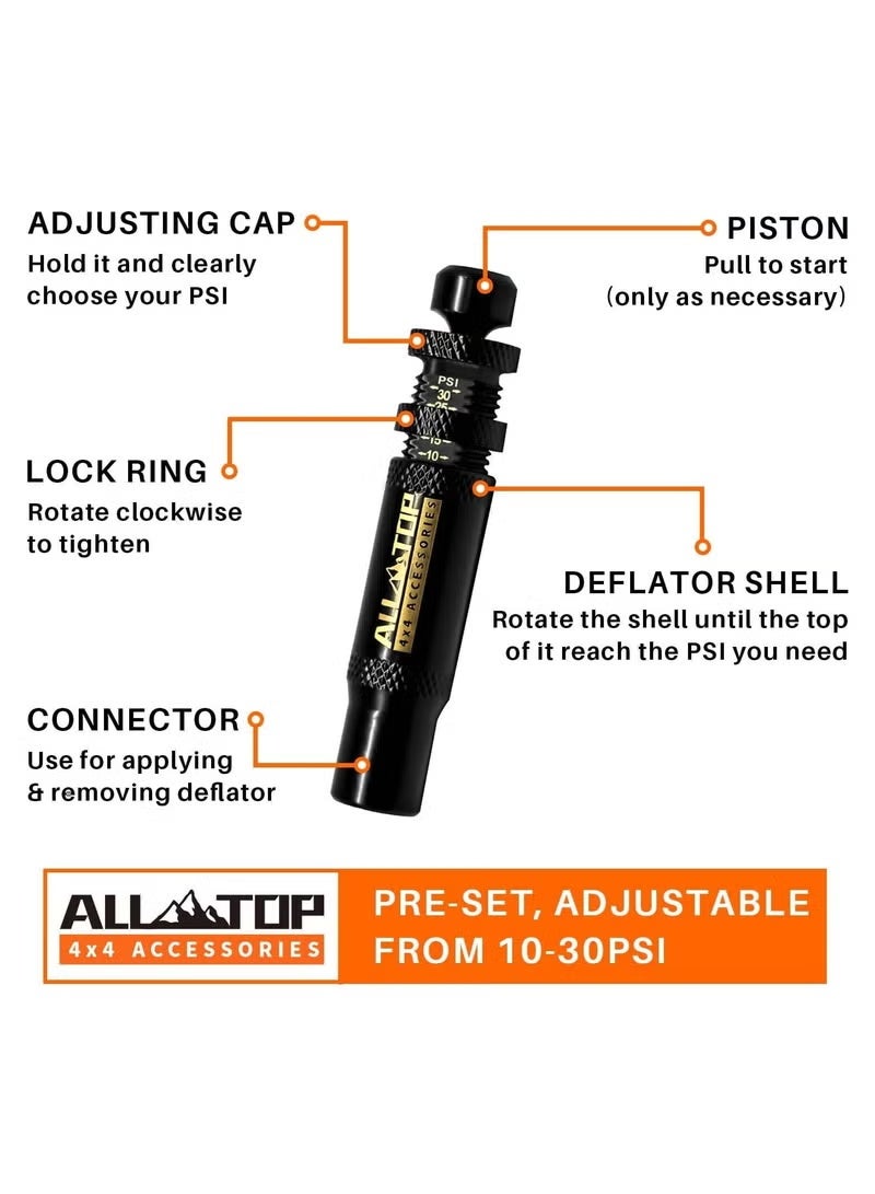 ALL-TOP Adjustable Auto-Stop Tire Deflator Valve Kit (10-30 PSI) 4 PCS Screw-on Tyre Air Down Tool for Offroad 4x4 (with 5 Valve caps) - Image 2