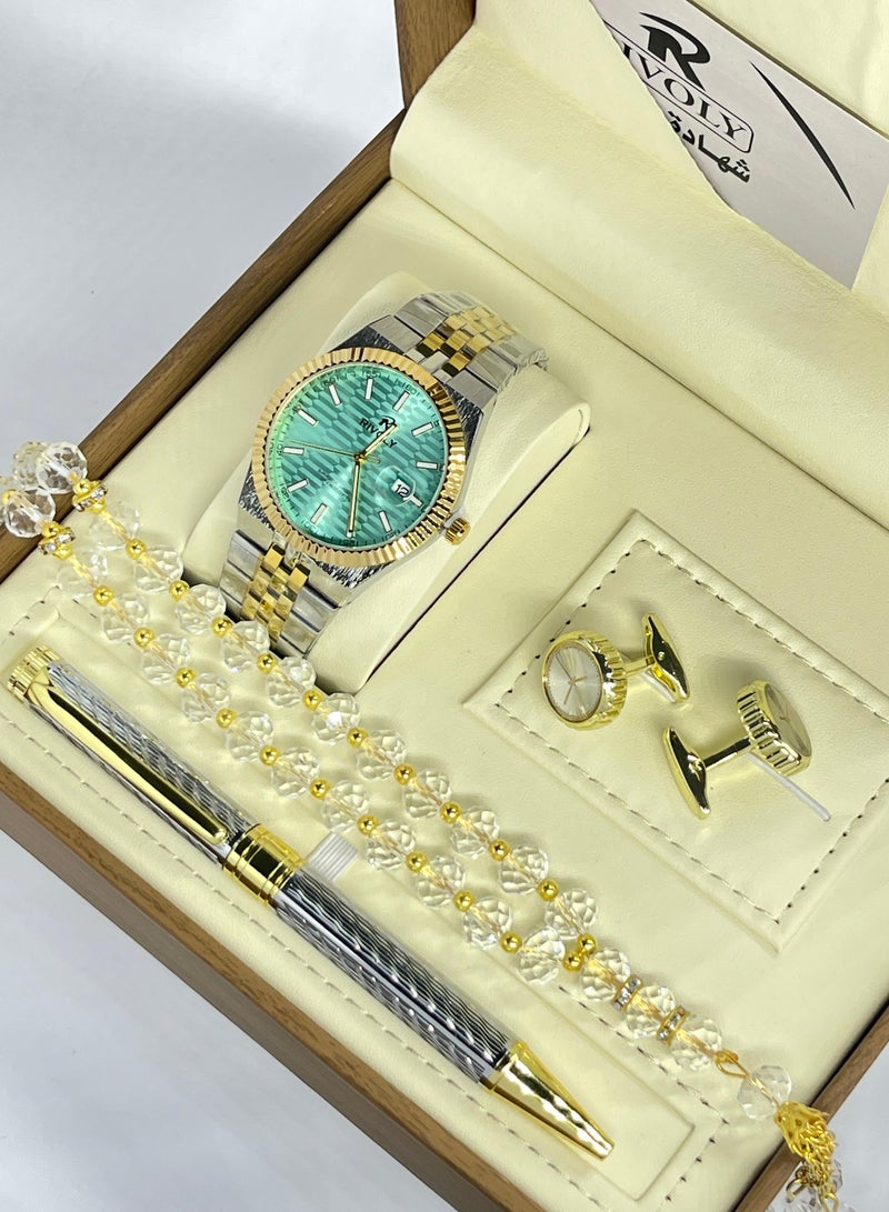 RR A wonderful stainless steel men's set consisting of a watch, a rosary, a pen and cufflinks half steel