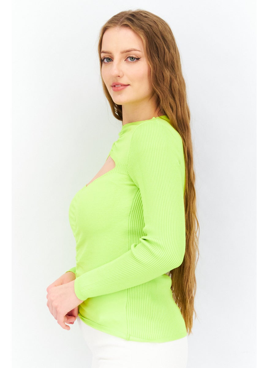 TOPSHOP Women V Neck Long Sleeve Front Ruched Cut Out Top, Lime Green  - Image 2